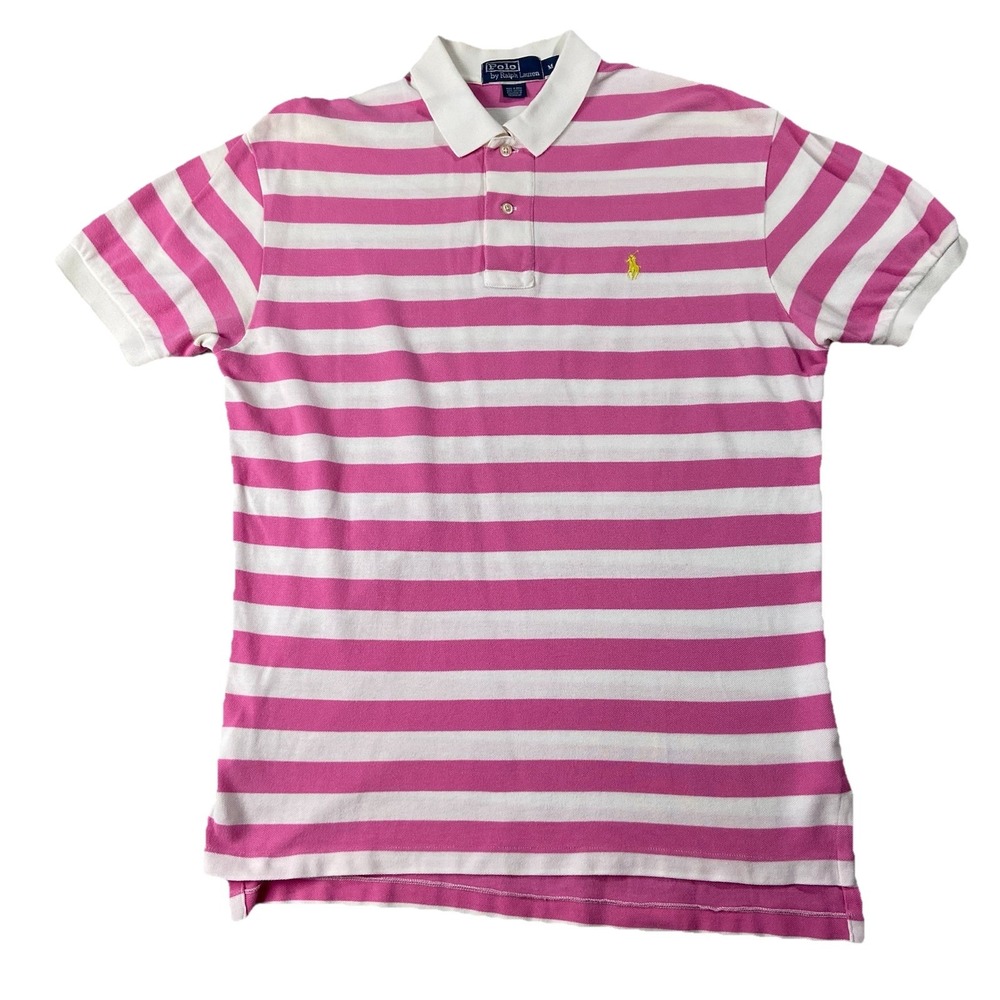 Polo By Ralph Lauren Short Sleeve Polo Pink White Stripe Yellow Pony Men's M
